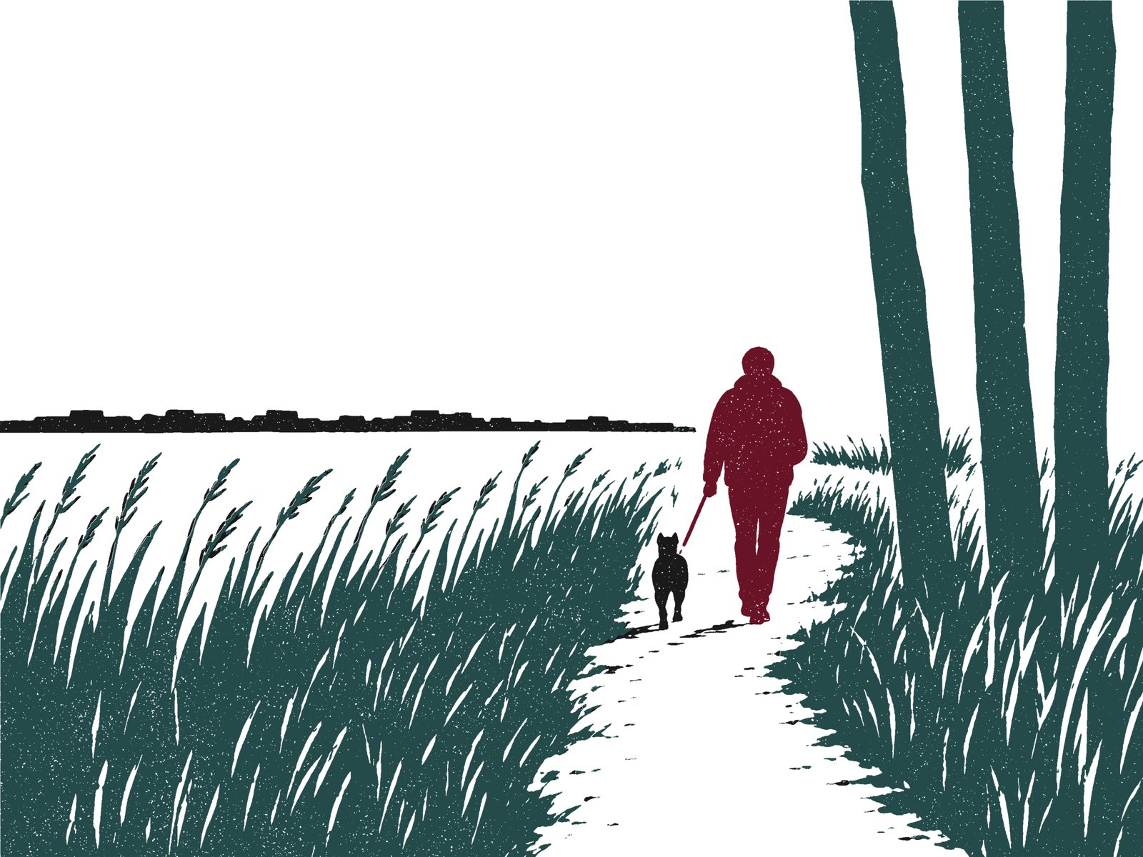 Ilustracja: ścieżka w wysokich trawach przy skraju miasta, spacer z psem